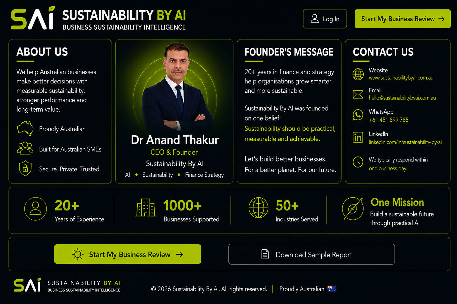 Sustainability By AI V3 screen 6 — about, founder and contact